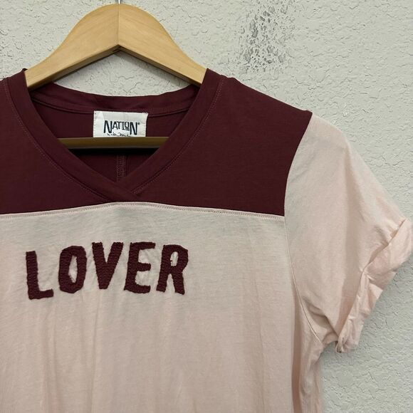 NATION LTD T-Shirt Light Pink "Lover Fighter" V-Neck SS Cotton - Picture 4 of 10